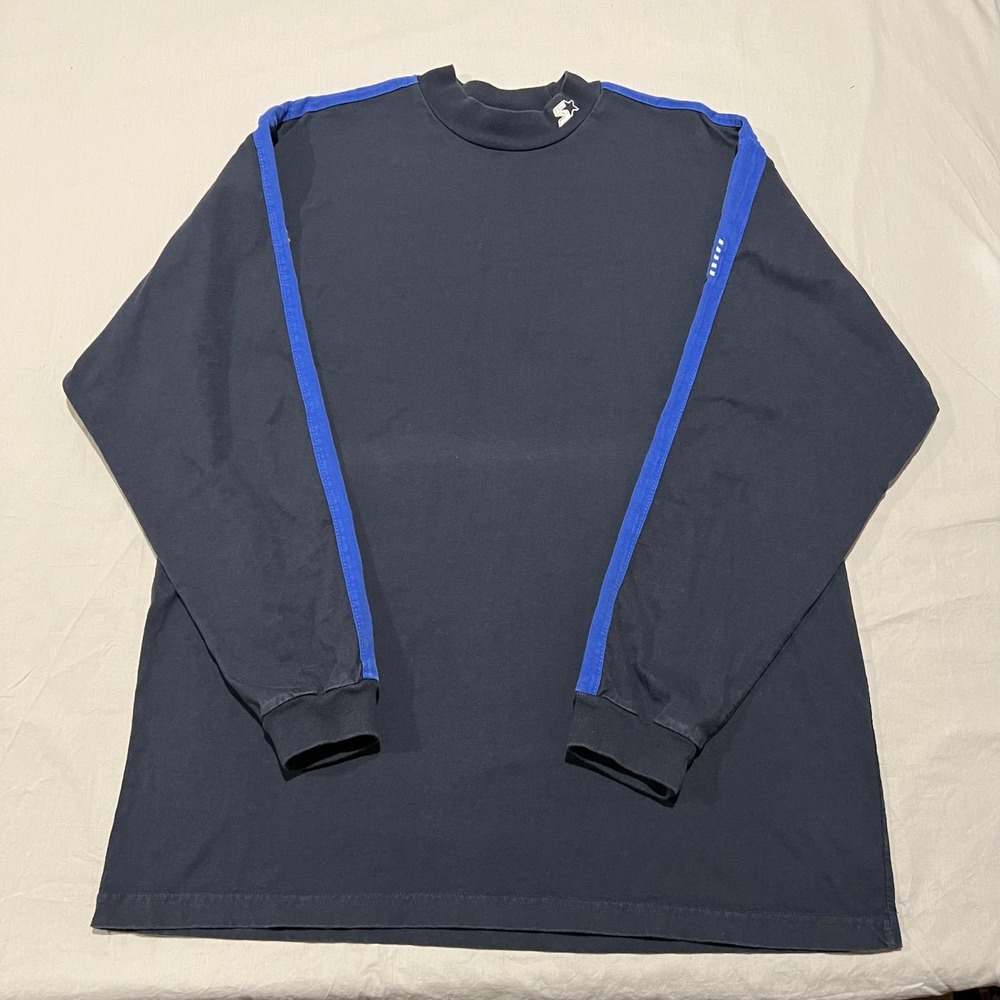 VTG Starter Mens Blue High Neck Logo Stripe Long Sleeve Two Tone T-Shirt XL